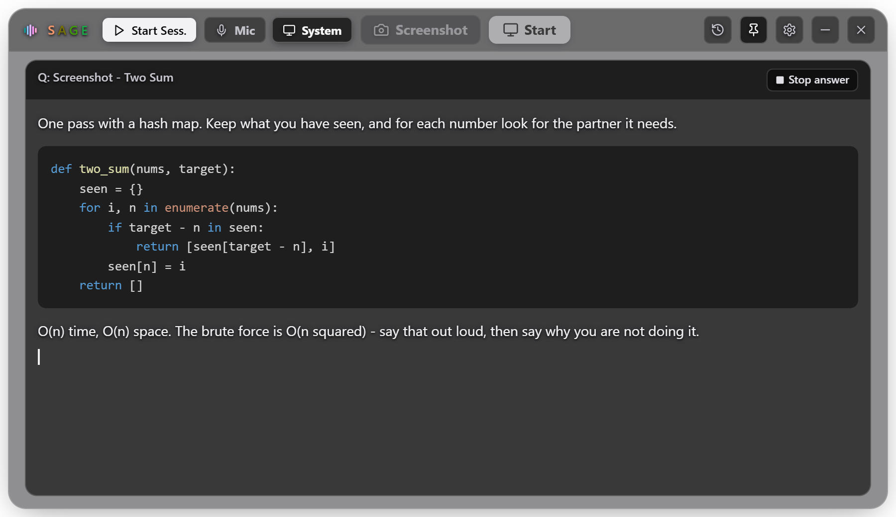 SAGE answering a Two Sum screenshot with a Python solution and its complexity.