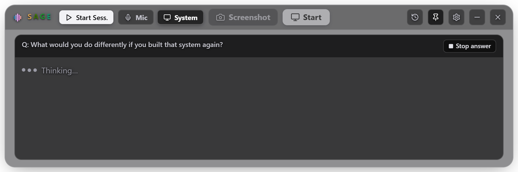 SAGE showing a detected question, with the answer still arriving.