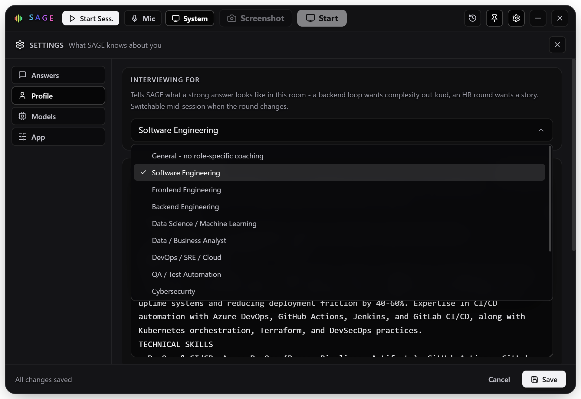 The Interviewing For list open in SAGE, showing the roles you can choose.